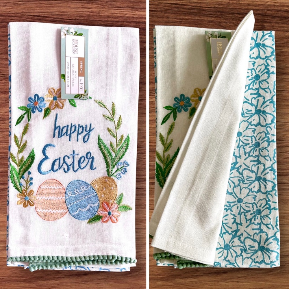 Cotton Easter Kitchen Towels Set of 2 Embroidered Eggs & Flowers NEW WITH TAGS